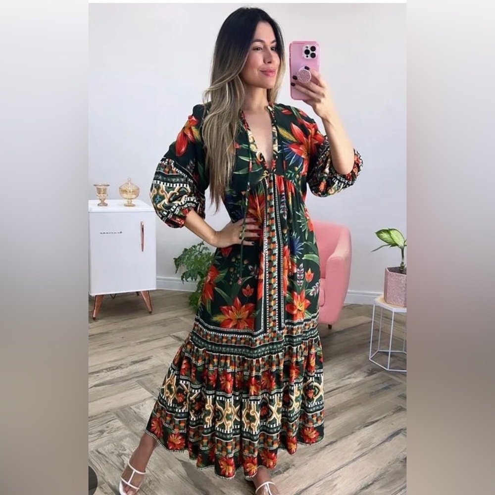 Floral Green and Red Maxi Dress